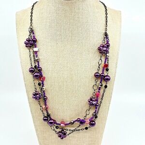 VTG Boho Gunmetal Multi-Strand Purple Pearl & Beaded Cluster Statement Necklace‎